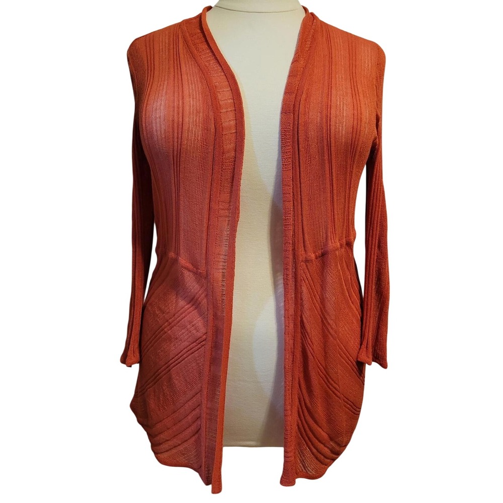 Chicos Rust Orange Open Front Cardigan Ribbed Knit Lightweight Sweater Size 2 L
